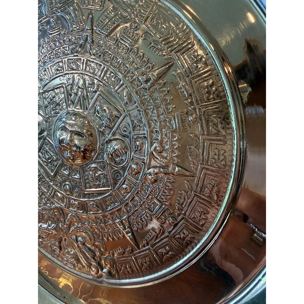 Vintage Aztec Calendar Wall‎ Plate - Alpaca Mexico Silver with Abalone Inlay